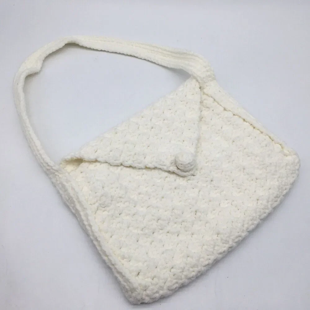 VTG Handmade Crochet  Shoulder Bag Boho Knit Purse Creamy White Lined Festival